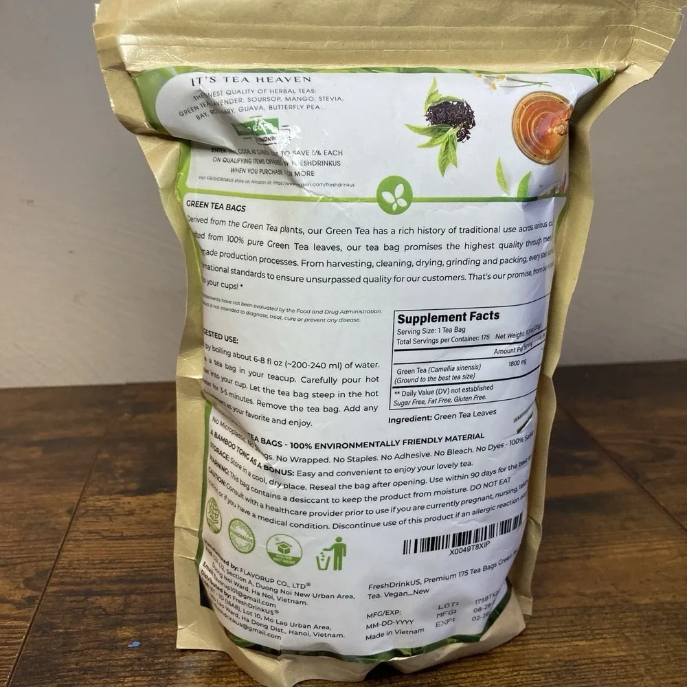 FreshDrinkUS Premium 175 Green Tea Bags 100% Natural & Pure from Green Tea Herba